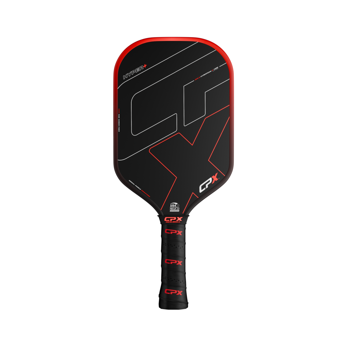 CPX HYPER+ Pickleball Paddle — black paddle with red edge guard, HYPER text, CPX branding, USA Pickleball Approved